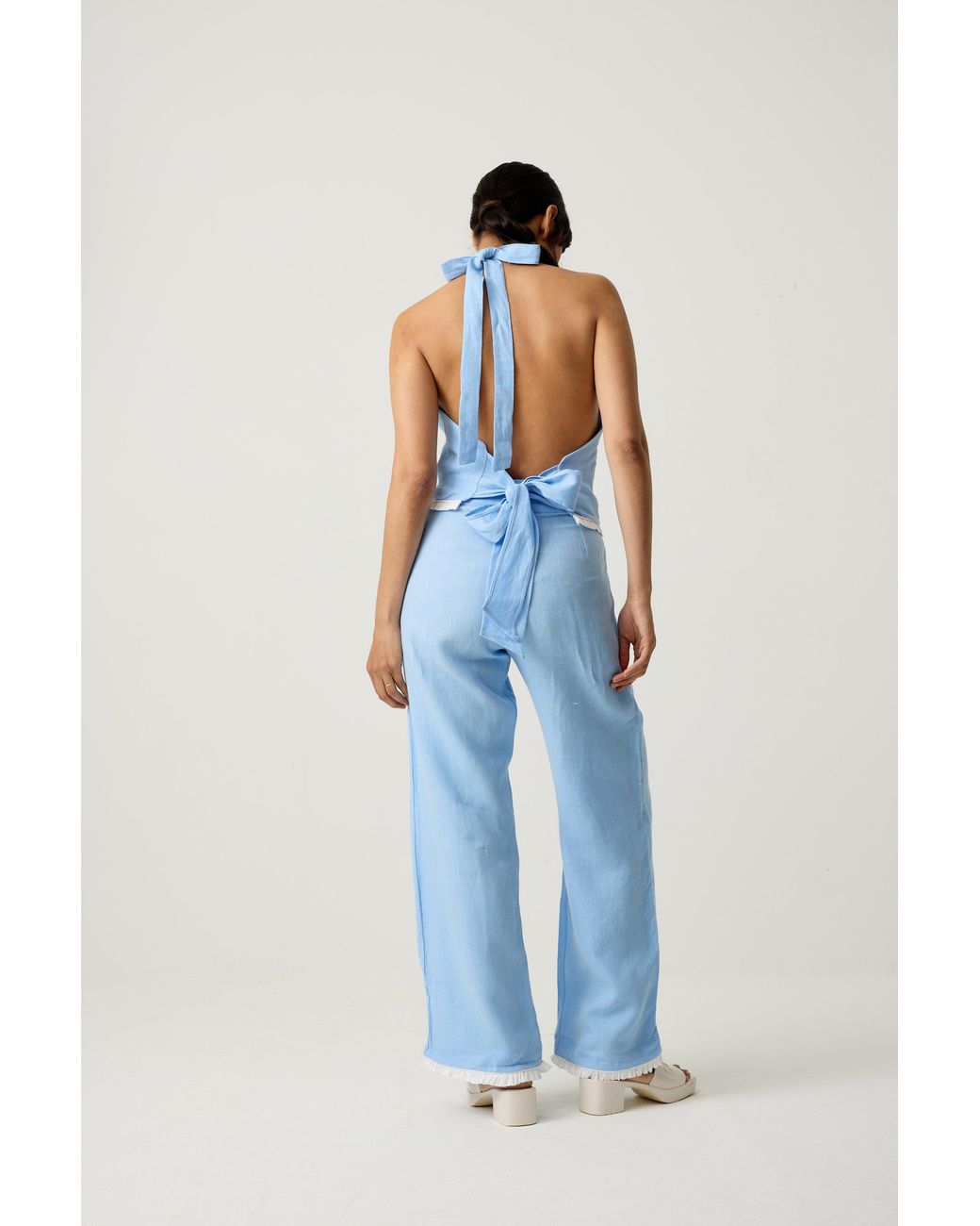 Imaura Blue Btw Linen Halter Top