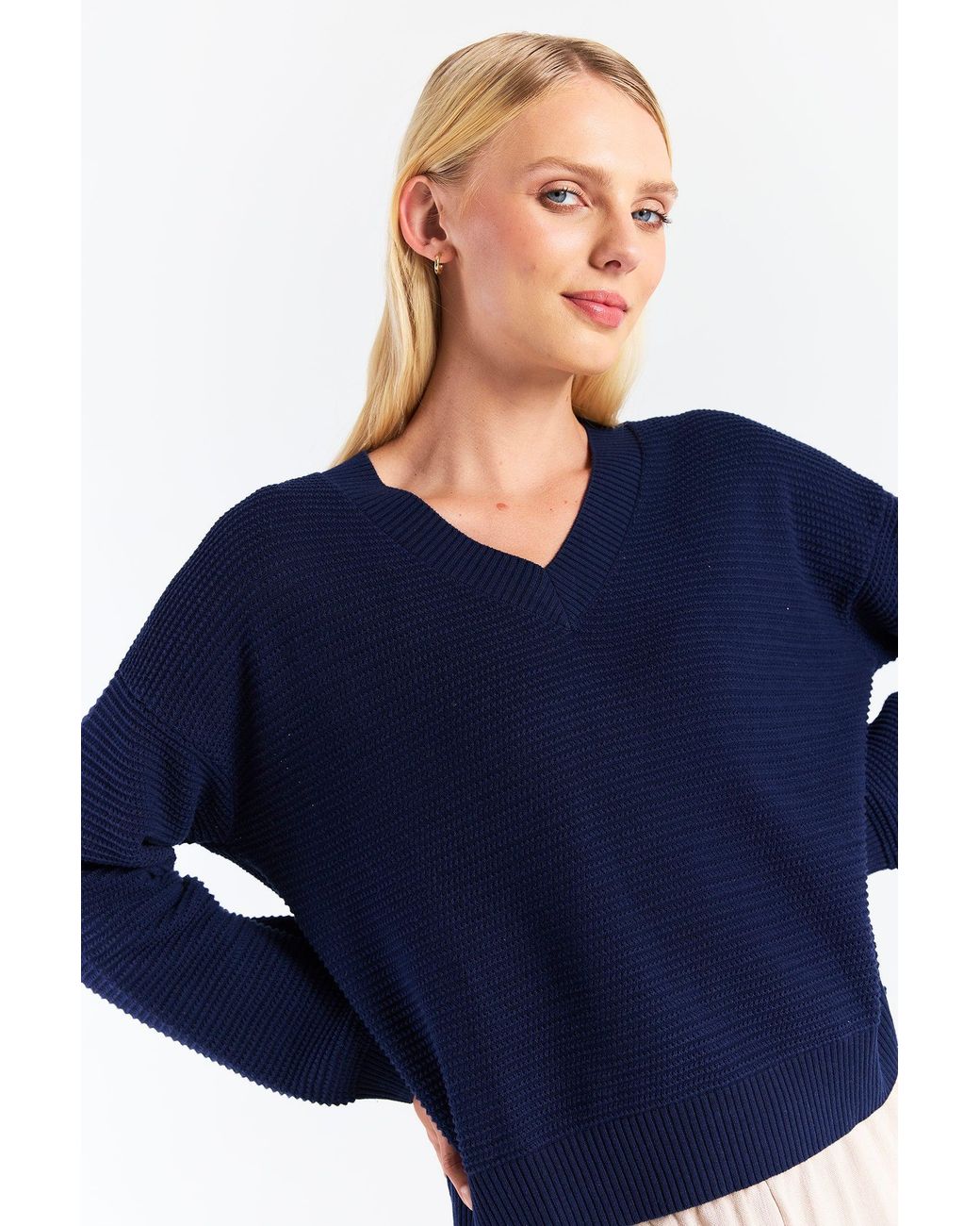 Brodie Cashmere Blue Rippled Stitch V Neck