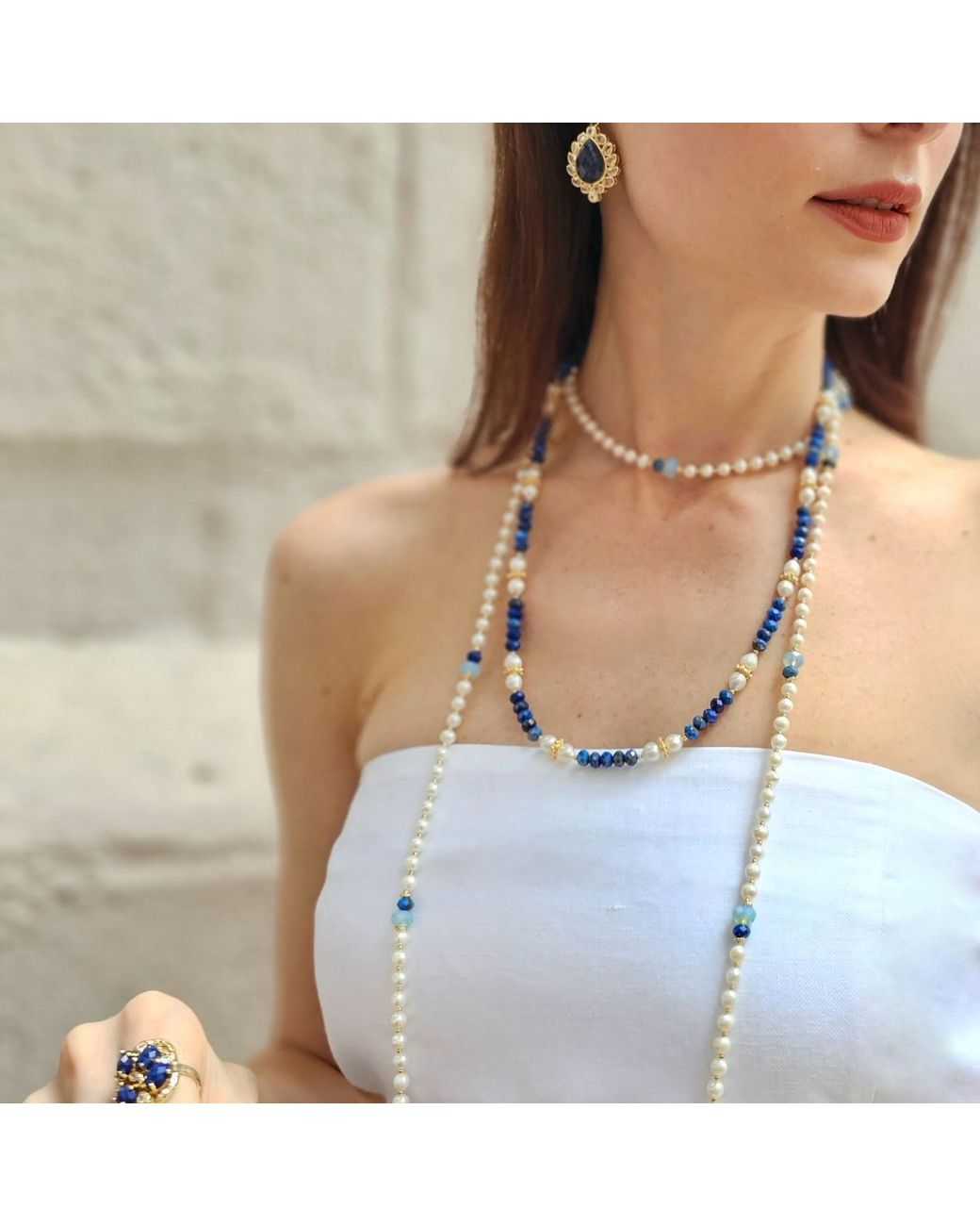 Farra White Freshwater Pearls With Lapis Opera Long Necklace