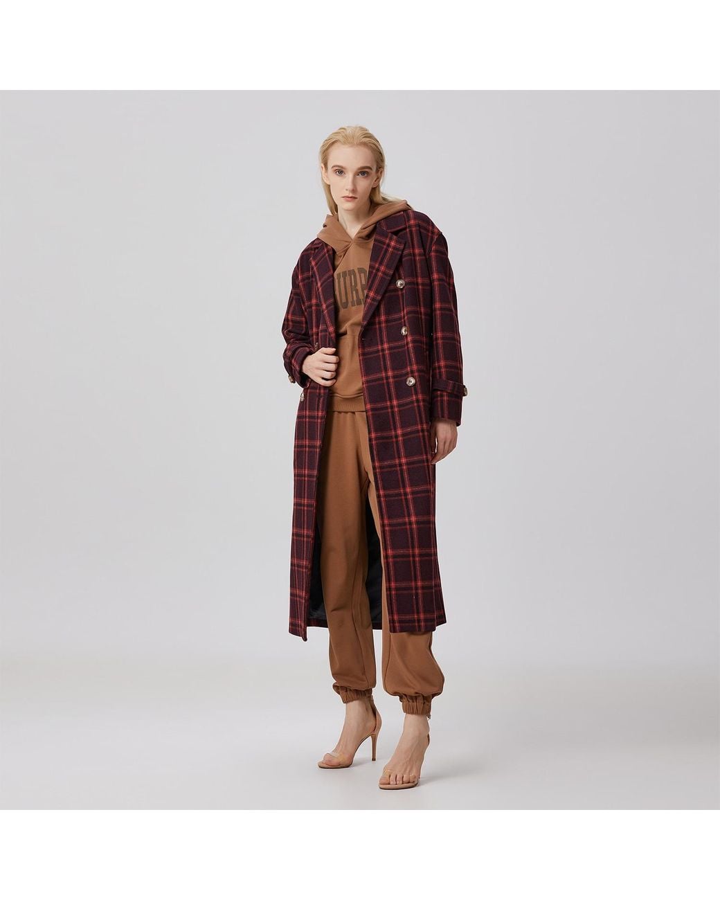 Smart and Joy Red Double Breasted Checks Coat