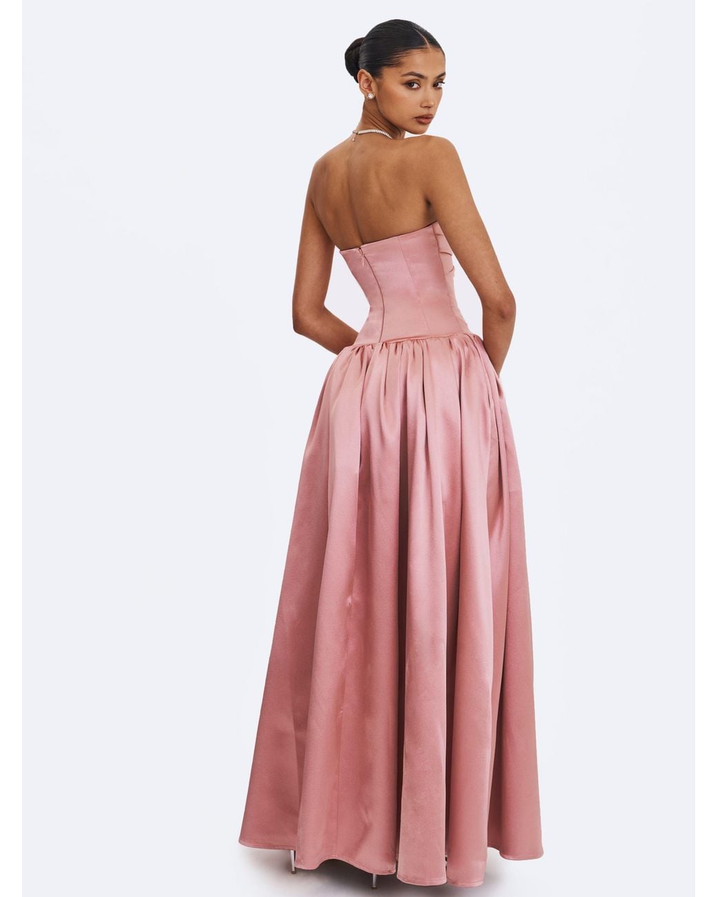 Miss Circle New York Pink Willette Deep Rose Satin Strapless Gathered Maxi Dress