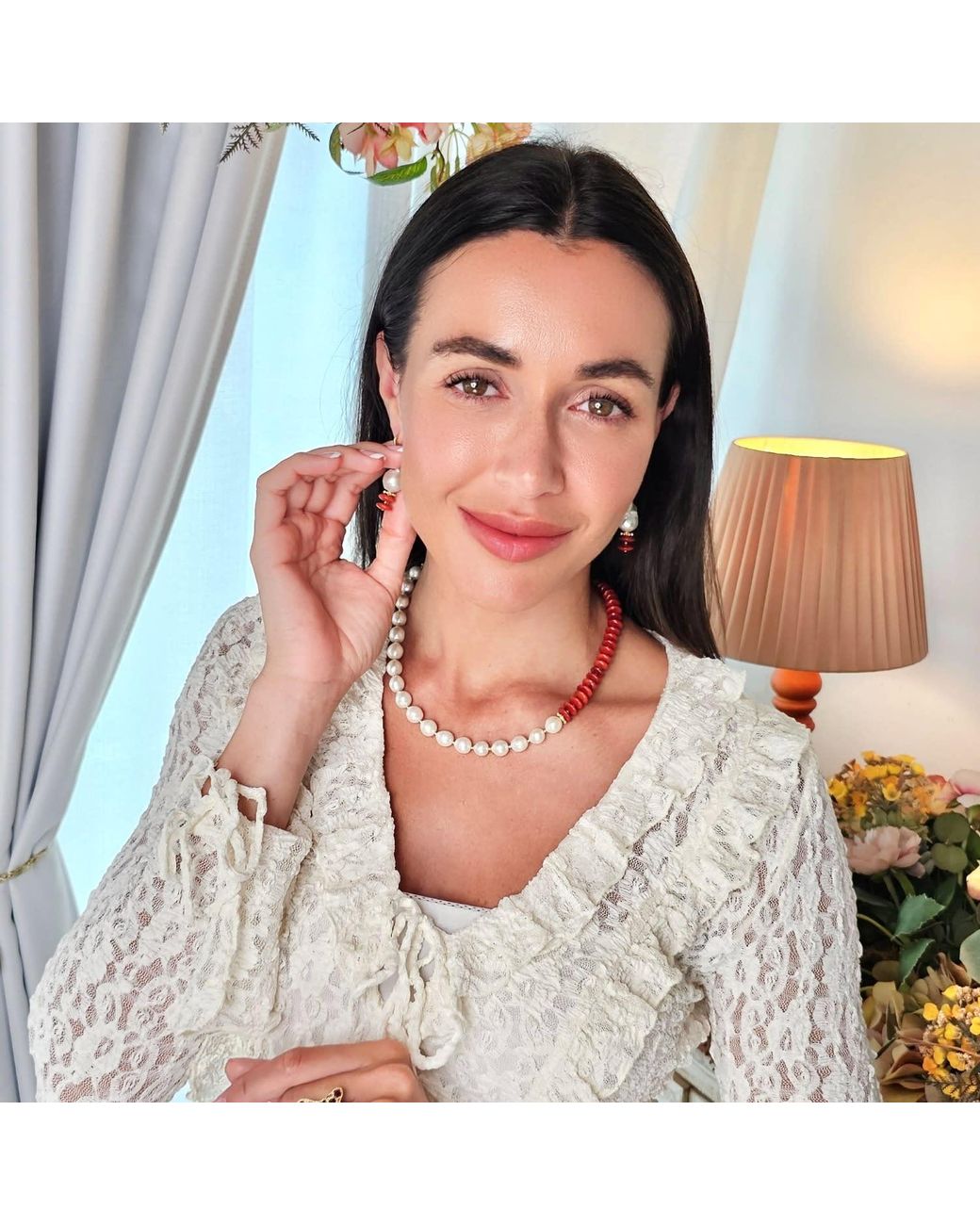 Farra White Baroque Pearl With Bamboo Coral Earrings