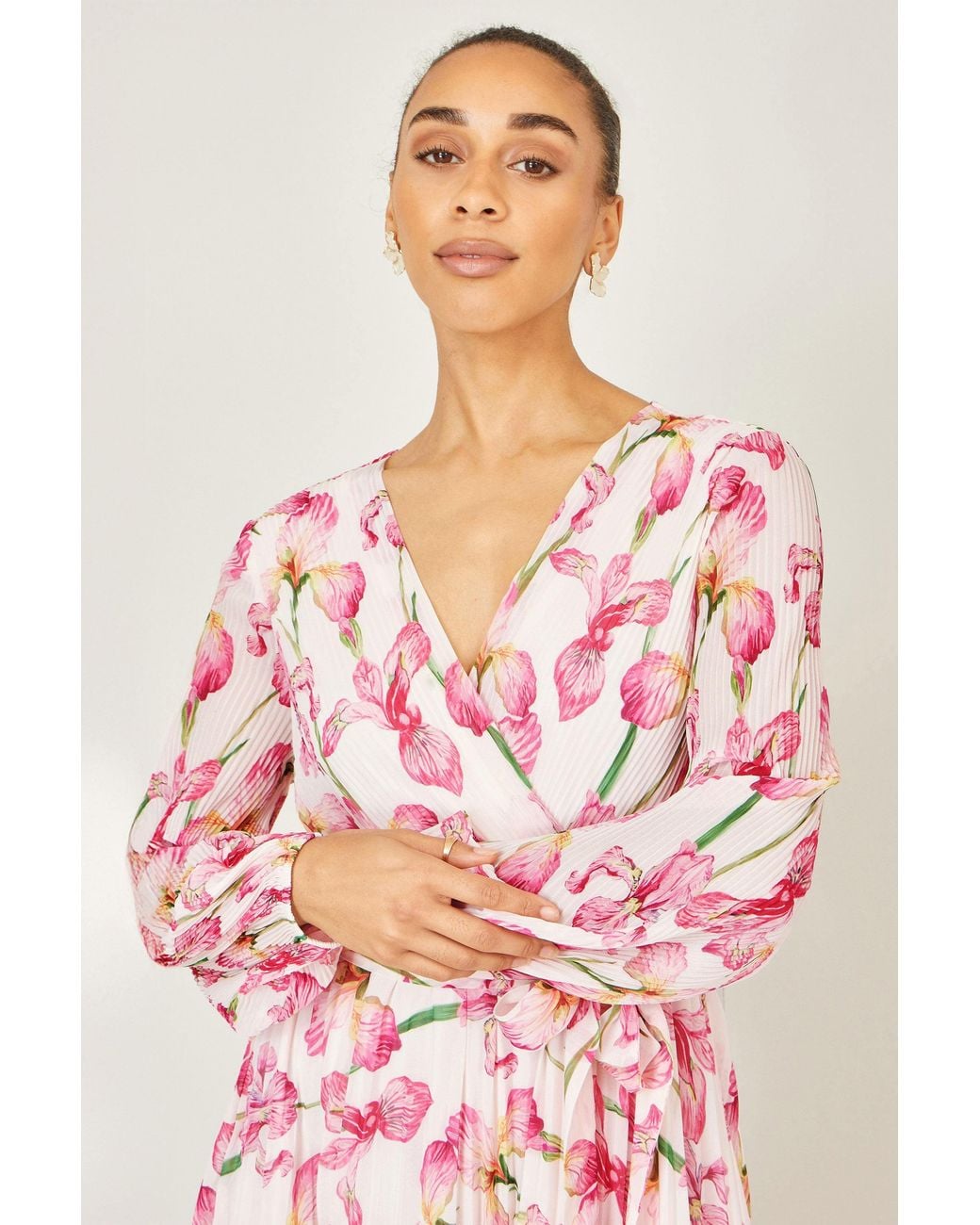 Yumi' Pink Neutrals Orchid Floral Pleated Wrap Maxi Dress