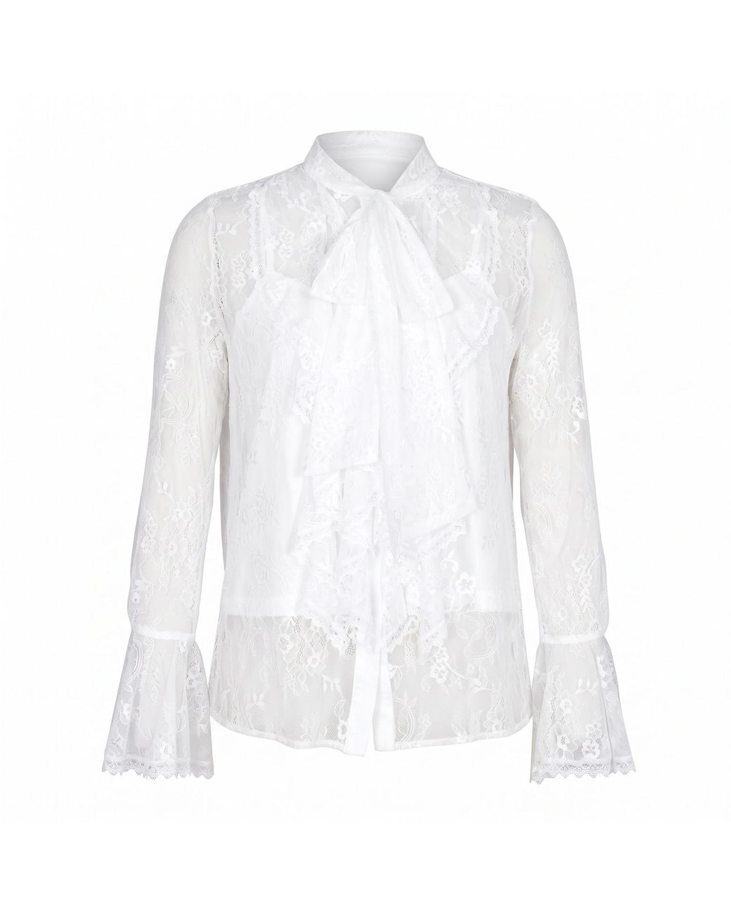 Modenaire White Sheer Lace Blouse With Bow Tie Neck Ruffle Front Detail With Cami