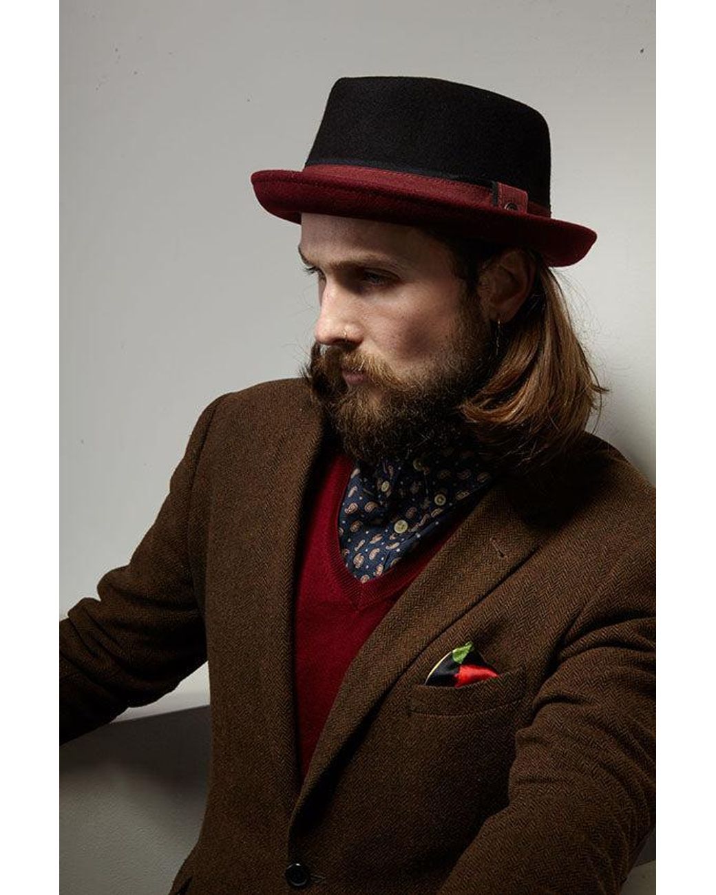 Dasmarca Hats Black Edward Burgundy Two Tone Felt Winter Porkpie Hat for men