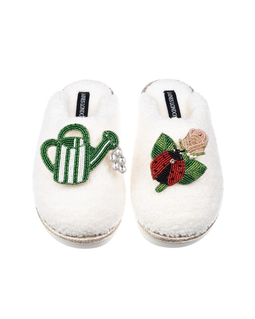 Laines London Green Neutrals Teddy Closed Toe Slippers With The English Garden Brooches