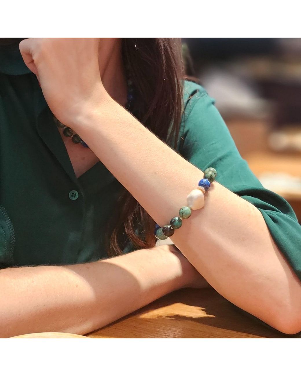 Farra Blue Phoenix Malachite With Baroque Pearls Bracelet