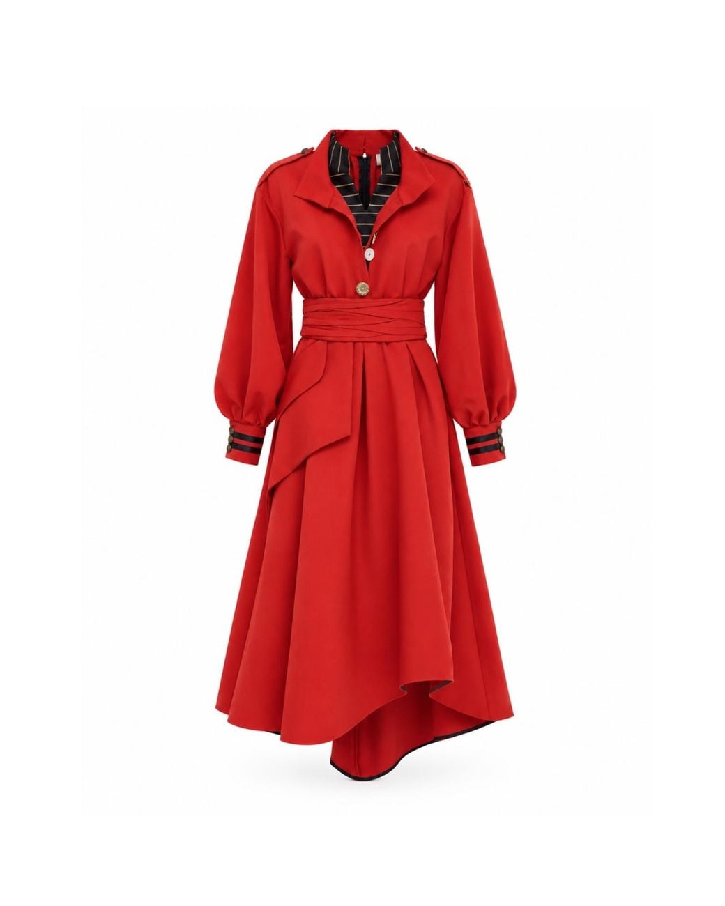 Julia Allert Red Double-Collar Belted A-Line Midi Dress –