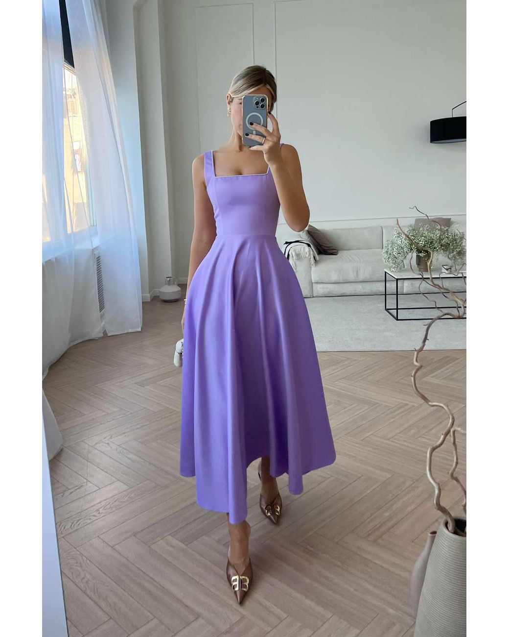 POST MERIDIEM Purple Strap Decorated Bodice Midi Dress
