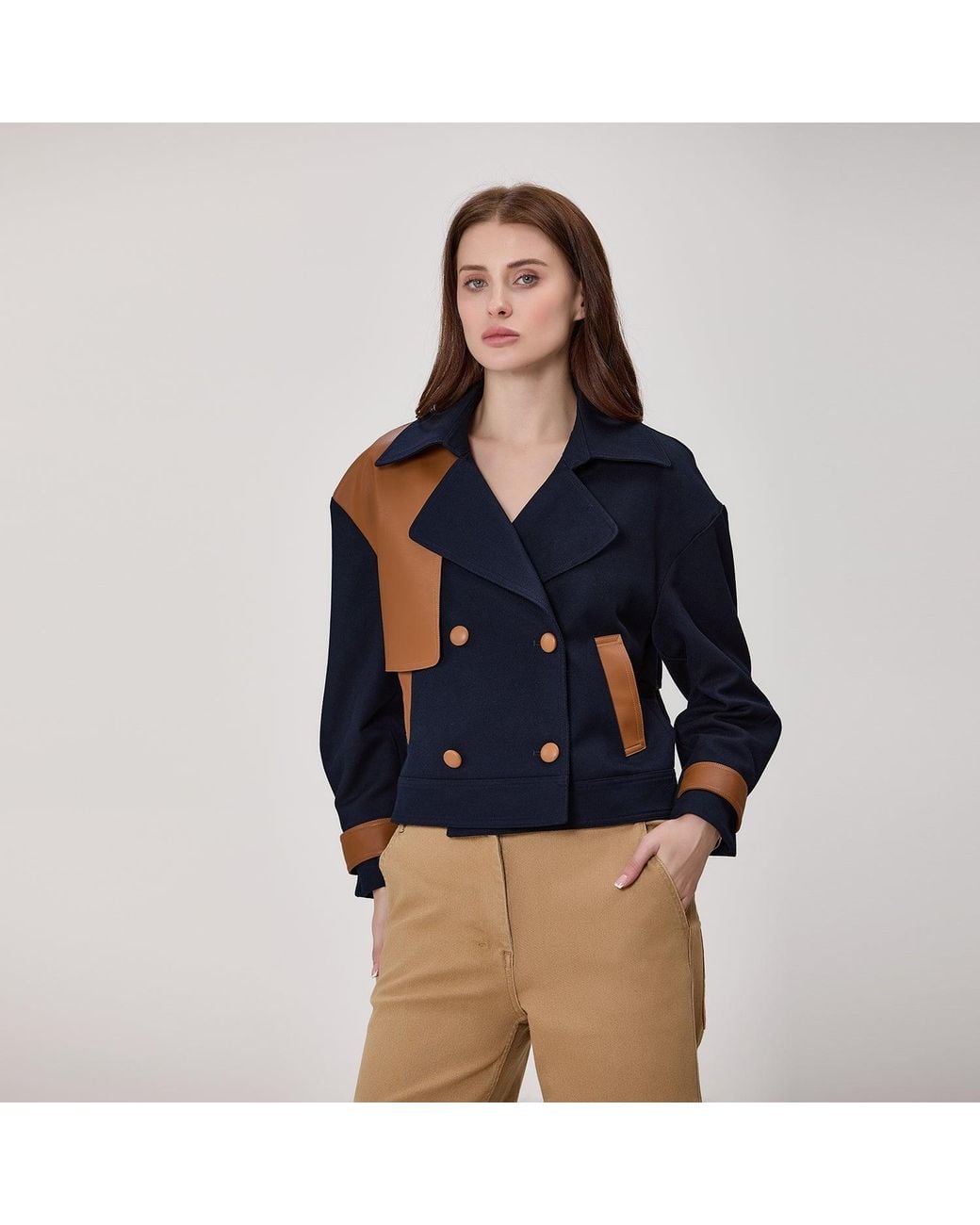 Smart and Joy Blue Short Double-Breasted Trench Coat With Contrasting Panels