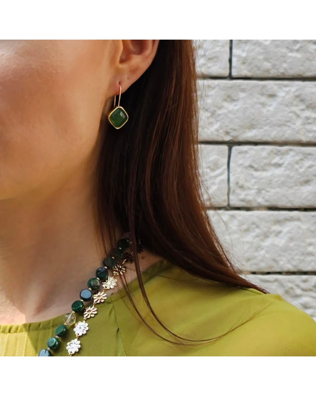 Farra Green Square Shaped Aventurine Earrings