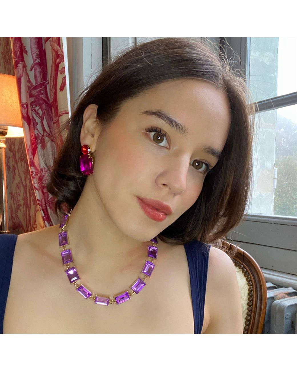 Michael Nash Jewelry Pink Adelle Fuschia Crystal Ocatgon And Ruby Round Stone Drop Earrings