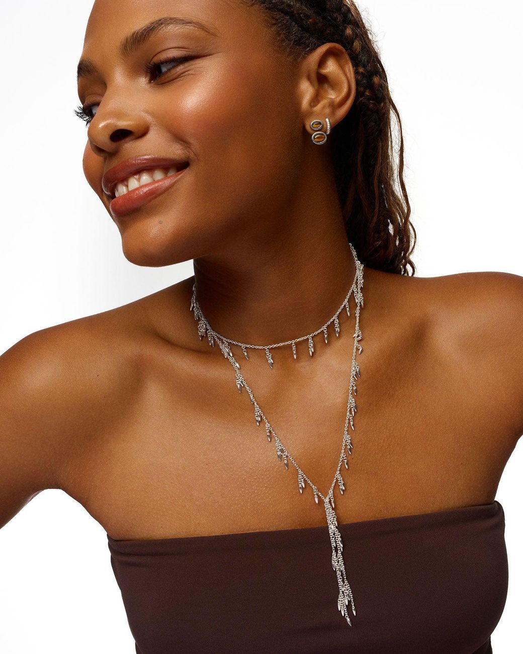 Stone Fruit Metallic Fringe Scarf Necklace