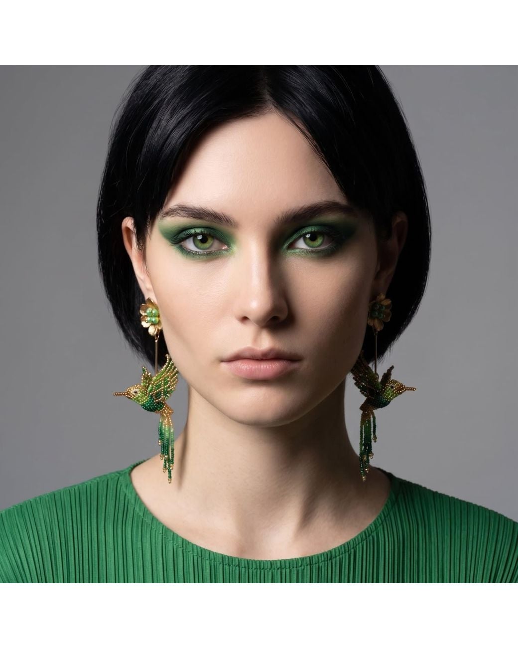 Iliana Arrazola Green Hummingbird Dangle Earrings, Glass Beads, Beaded Jewelry