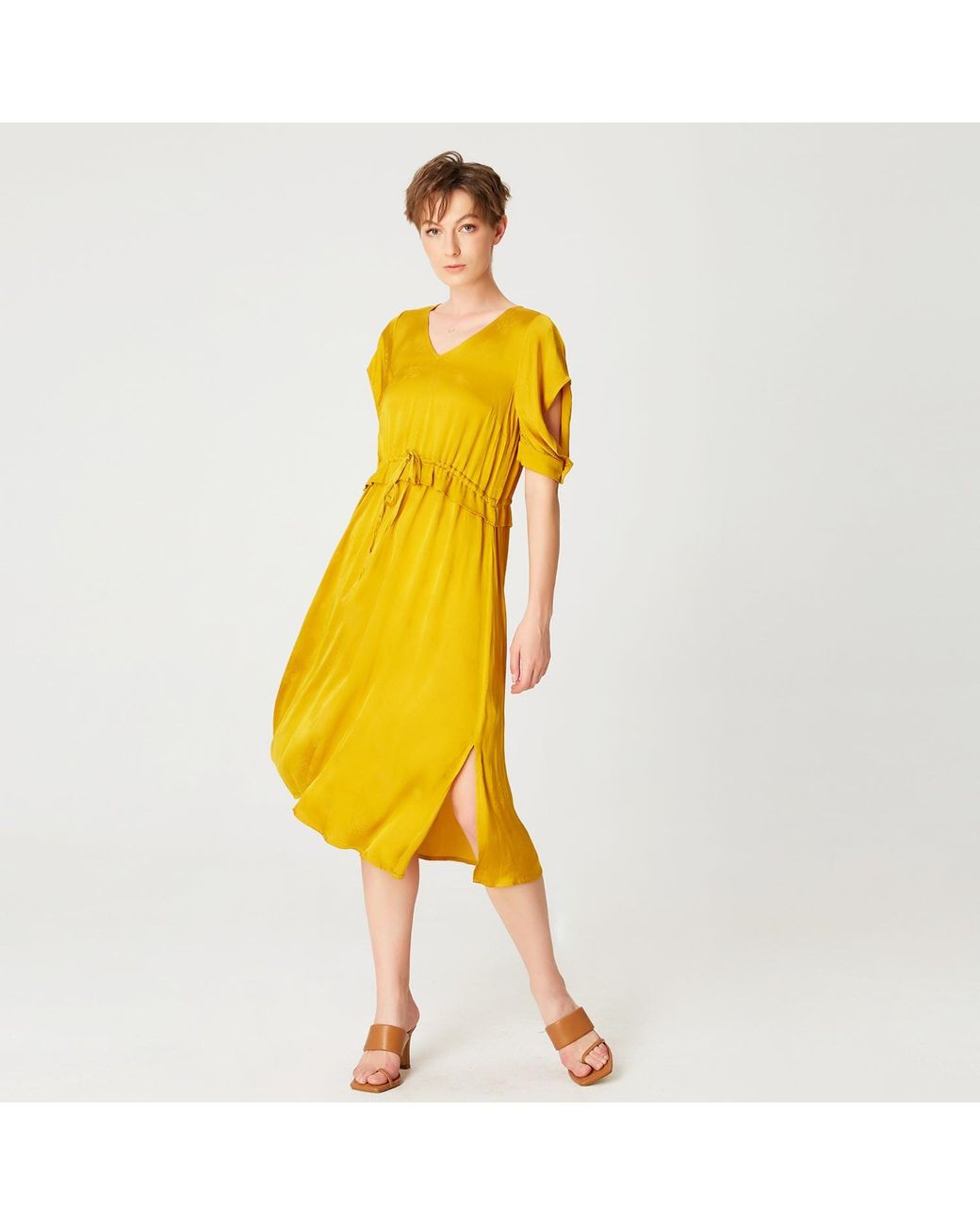 Smart and Joy Yellow V-Neckline Midi Dress With Drawstring Belt