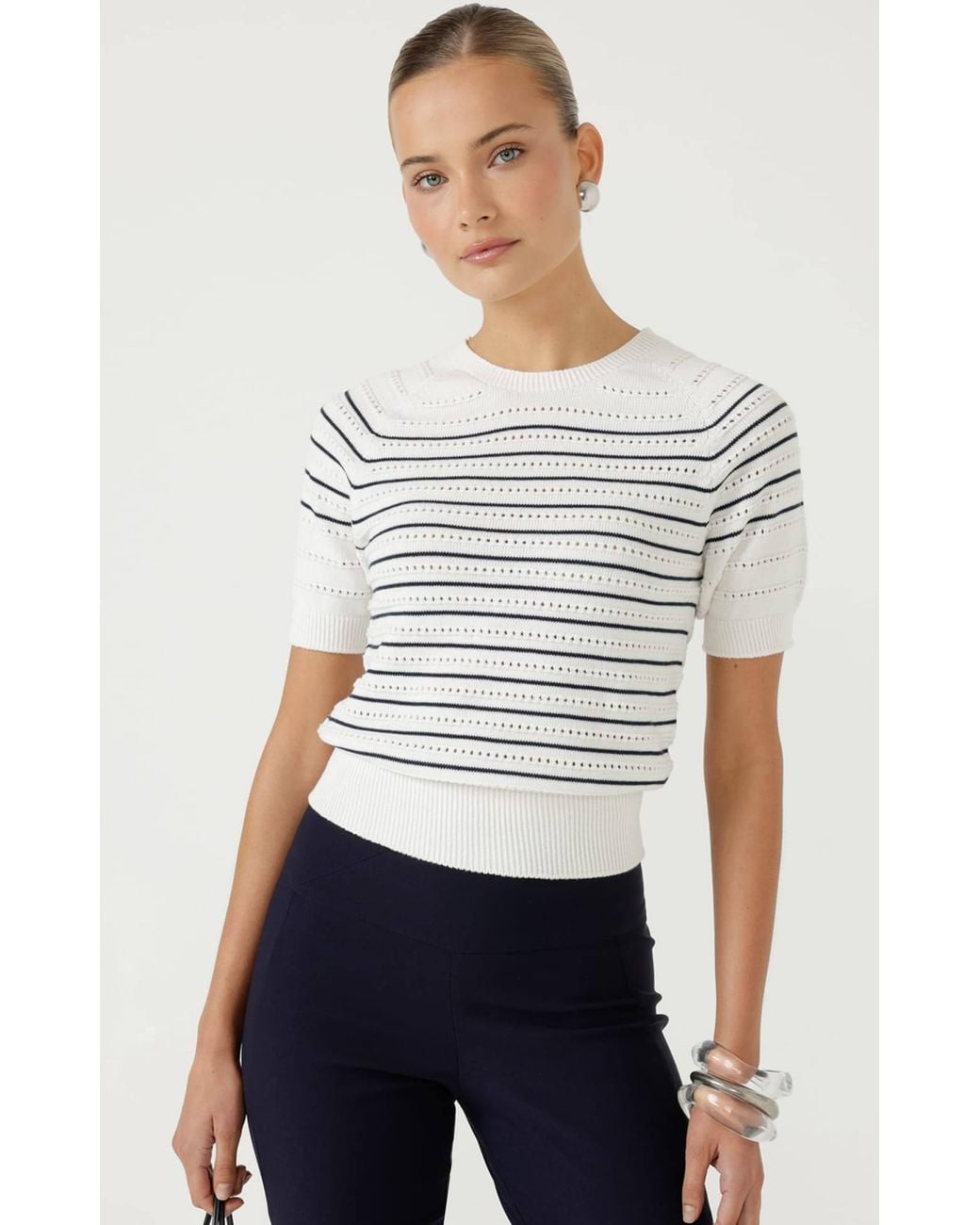 SACHA DRAKE White Eyelet Stripe Knit Top