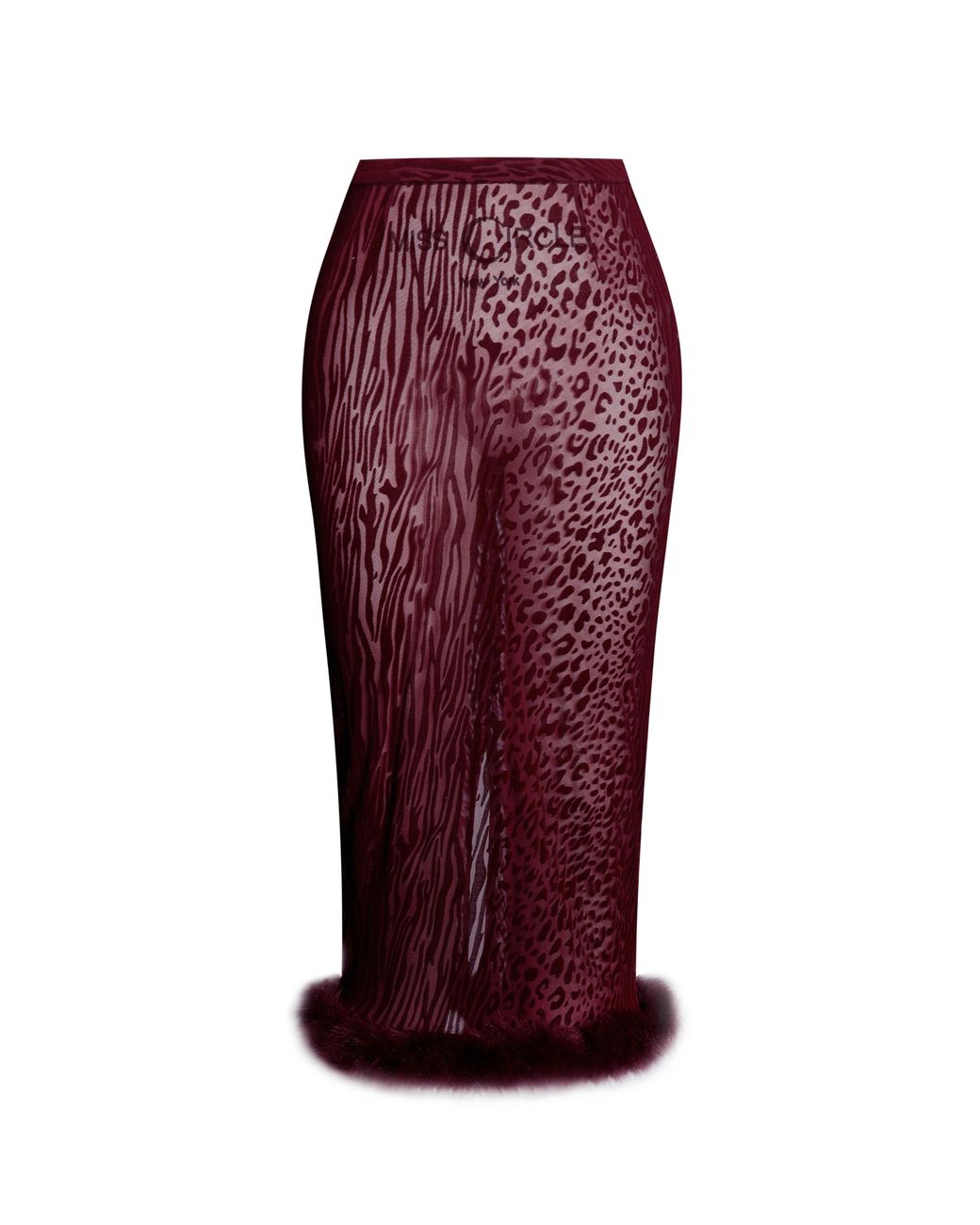 Miss Circle New York Red Halia Burgundy Animal Print Burnout Velvet Fur Trim Skirt