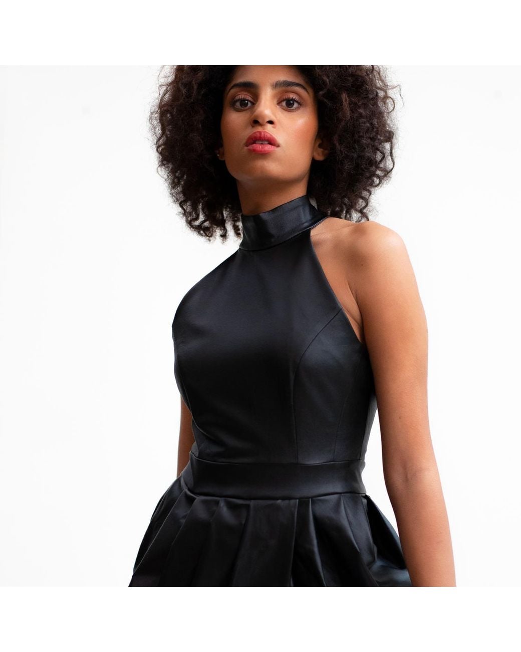 Monique Singh Black Faux Leather Midi Cocktail Dress