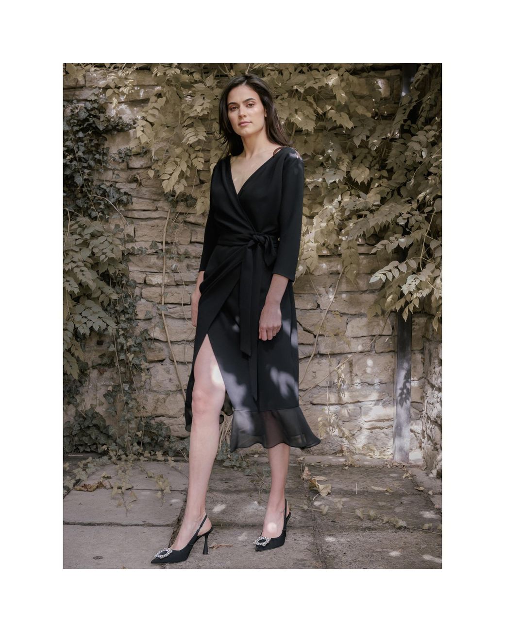concept A trois Black Wrap Dress With Silk Ruffles