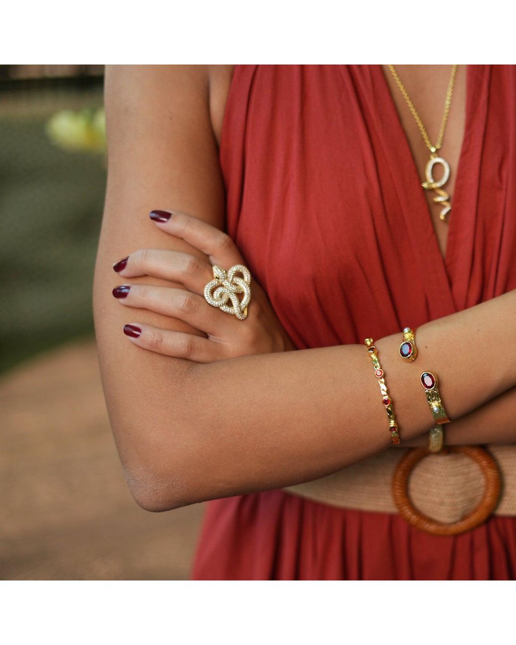 Ebru Jewelry Metallic Ruby-Studded Twisted Gold Cuff Bracelet