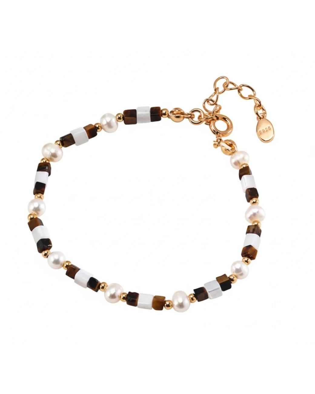 Angel Barocco Metallic Tiger Eye Gemstone Pearl Beaded Bracelet