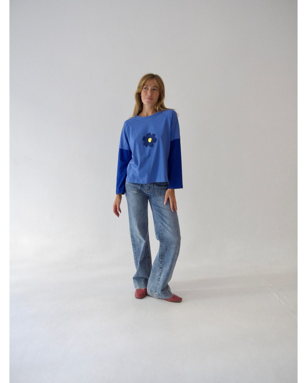 Mind Traveler Blue Double Sleeve Cropped Aria T-Shirt With Flower Detail