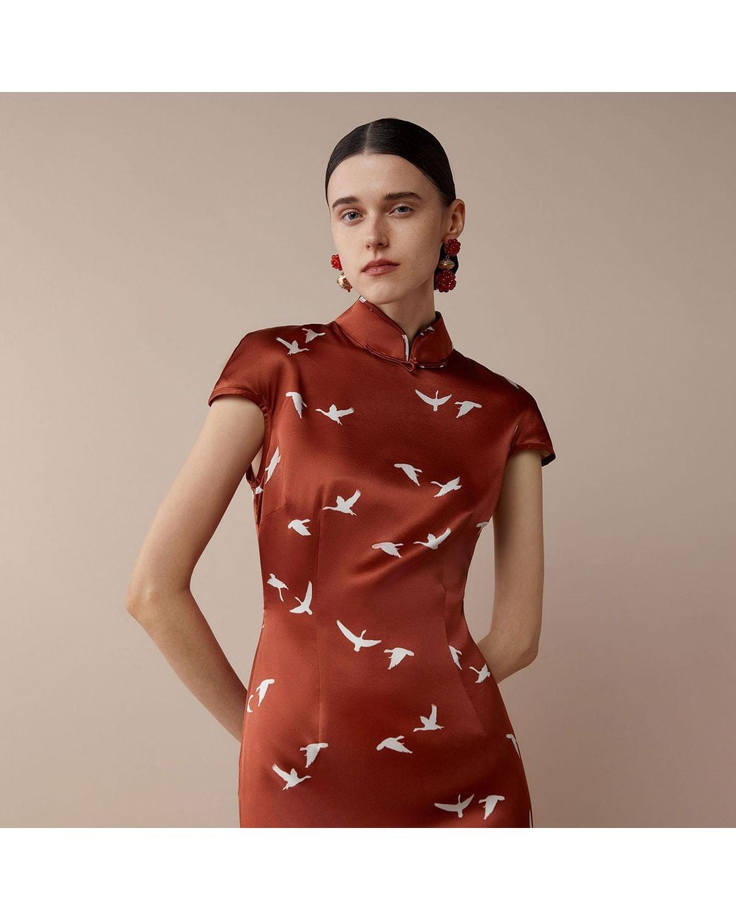 Silkinc Brown Swan Goose Backless Dark Cheongsam