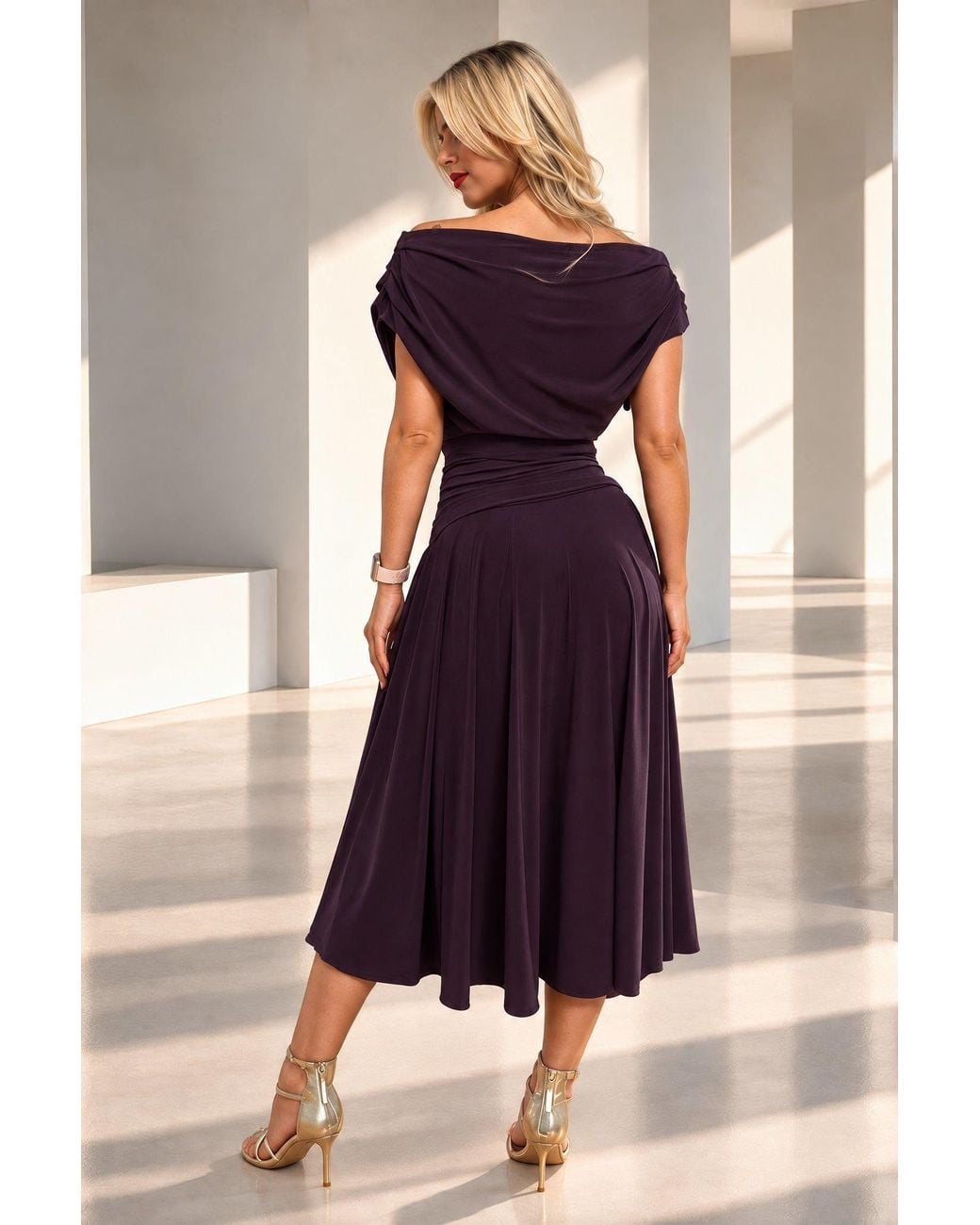 Atom Label Purple Carbon Bardot Tea Regular Length Dress
