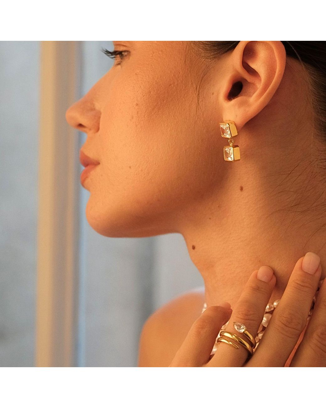 LINYA JEWELLERY Metallic Double Crystal Stone Dangle Earrings