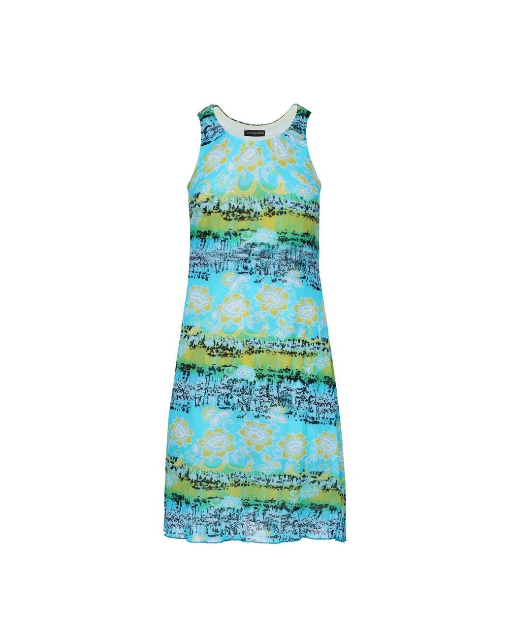 Conquista Blue Sleeveless Summer Dress – Floral Print, Sheer Nylon Overlay, Fully Lined