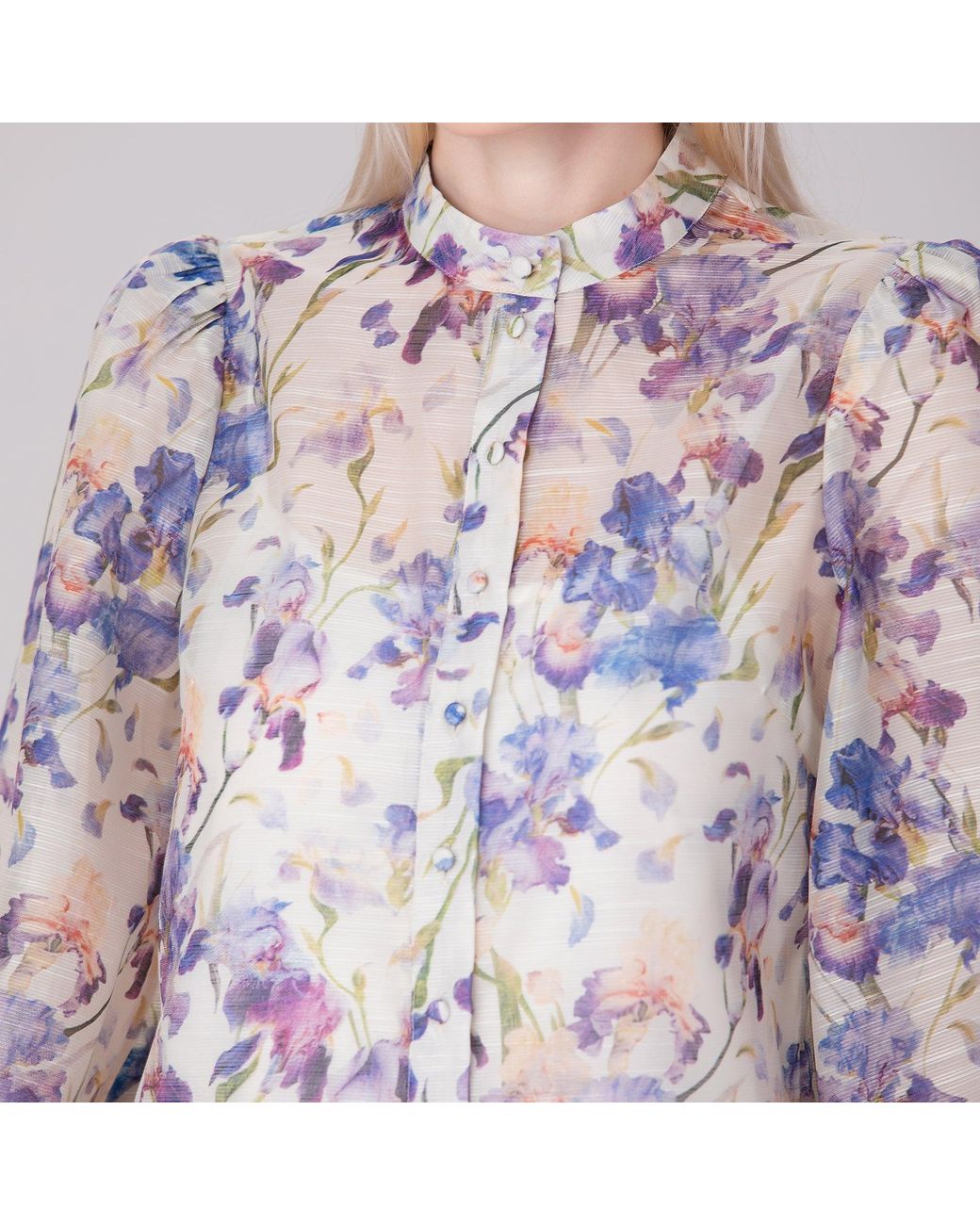 Smart and Joy Multicolor Neutrals Flower Print Long Sleeve Organza Shirt