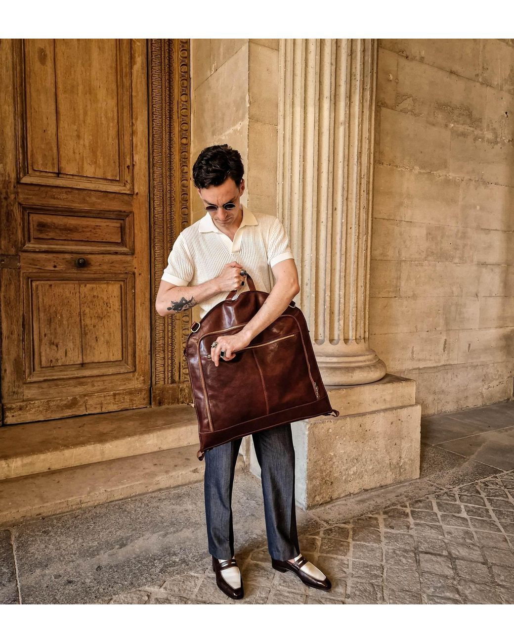 Time Resistance Brown Leather Garment Bag for men