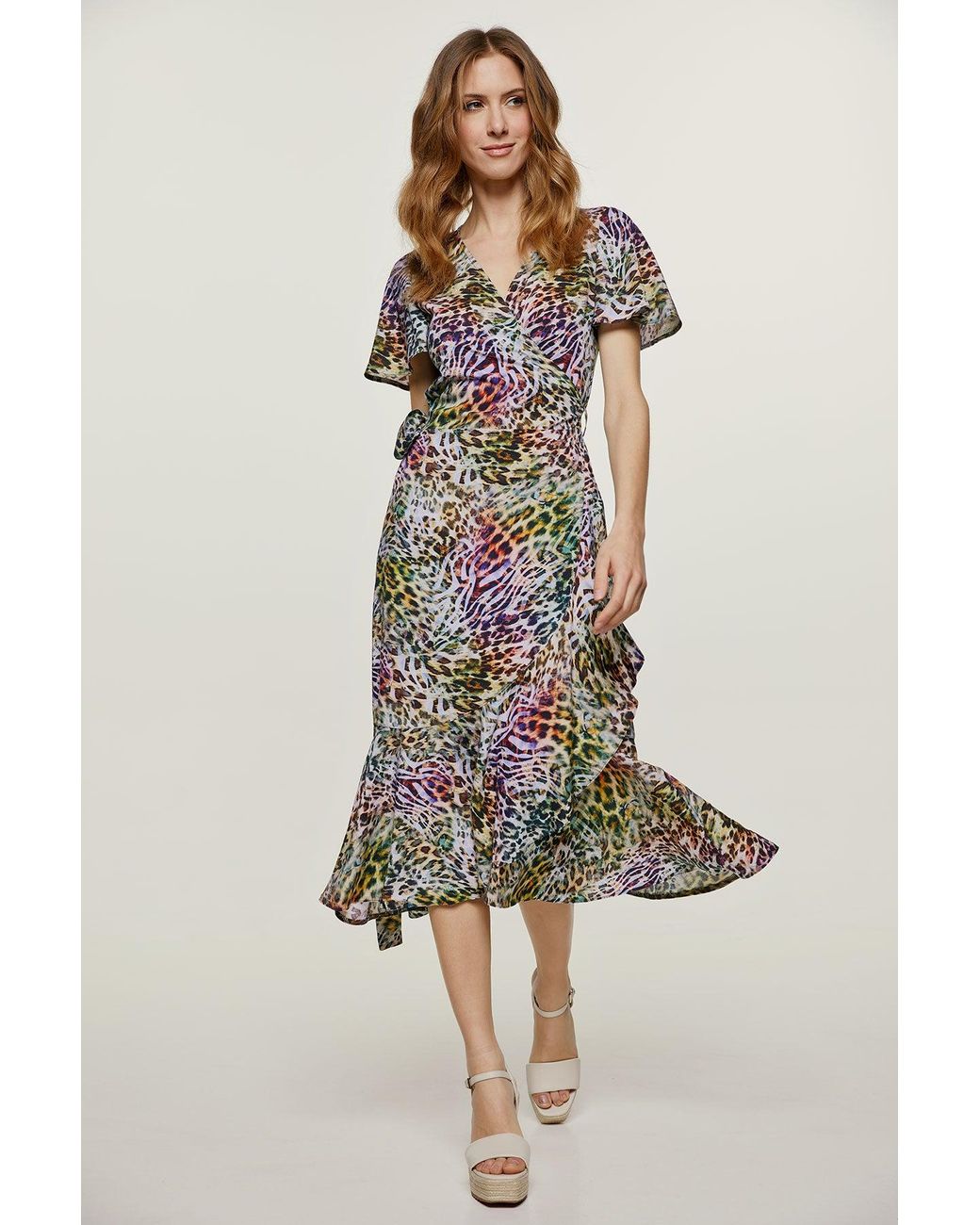 Conquista Multicolor Animal Print Ruffle Detail Wrap Dress
