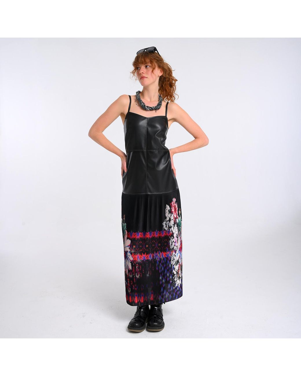 Lalipop Design Black Vegan Leather Maxi Dress With Pleated Skirt