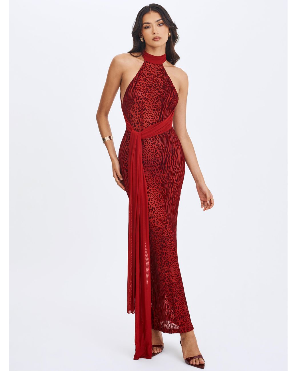 Miss Circle New York Red Cerise Scarlet Burnout Velvet Multiwear Mesh Ribbon Maxi Dress