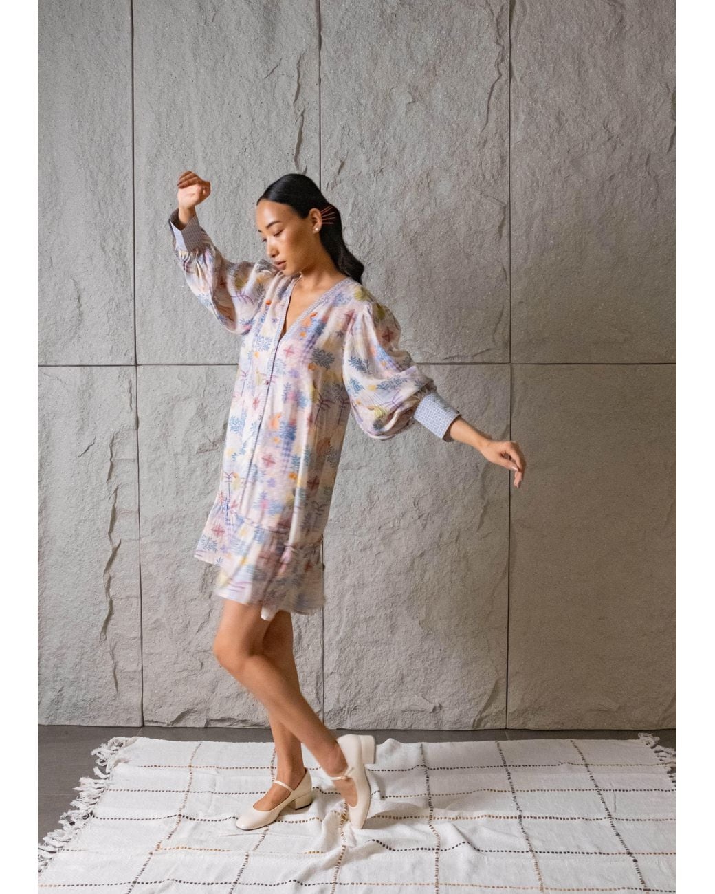Maison Qala Blue Neutrals Farasha V Neck Short Dress