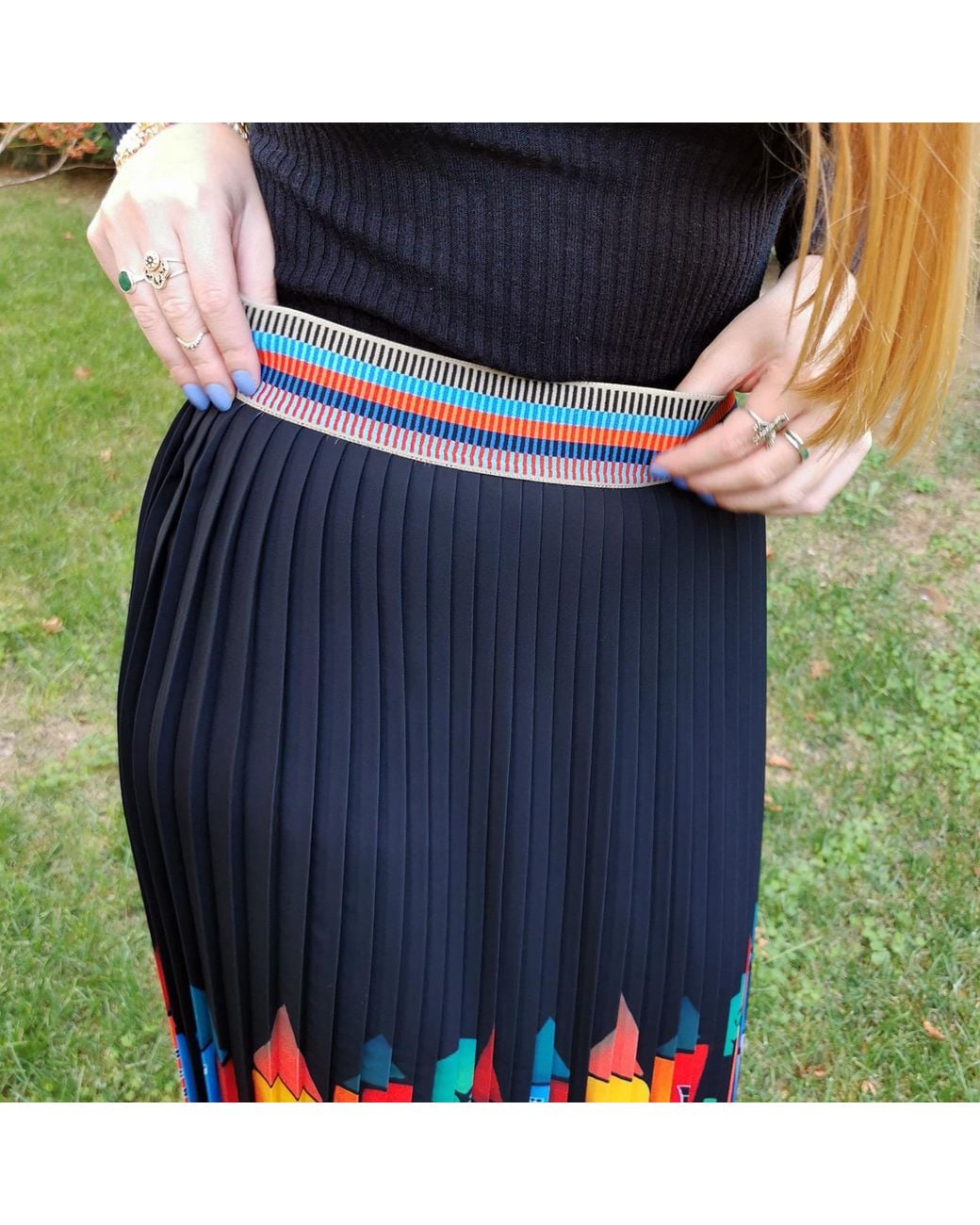 Lalipop Design Black Midi Pleated Skirt With Colorful House Prints