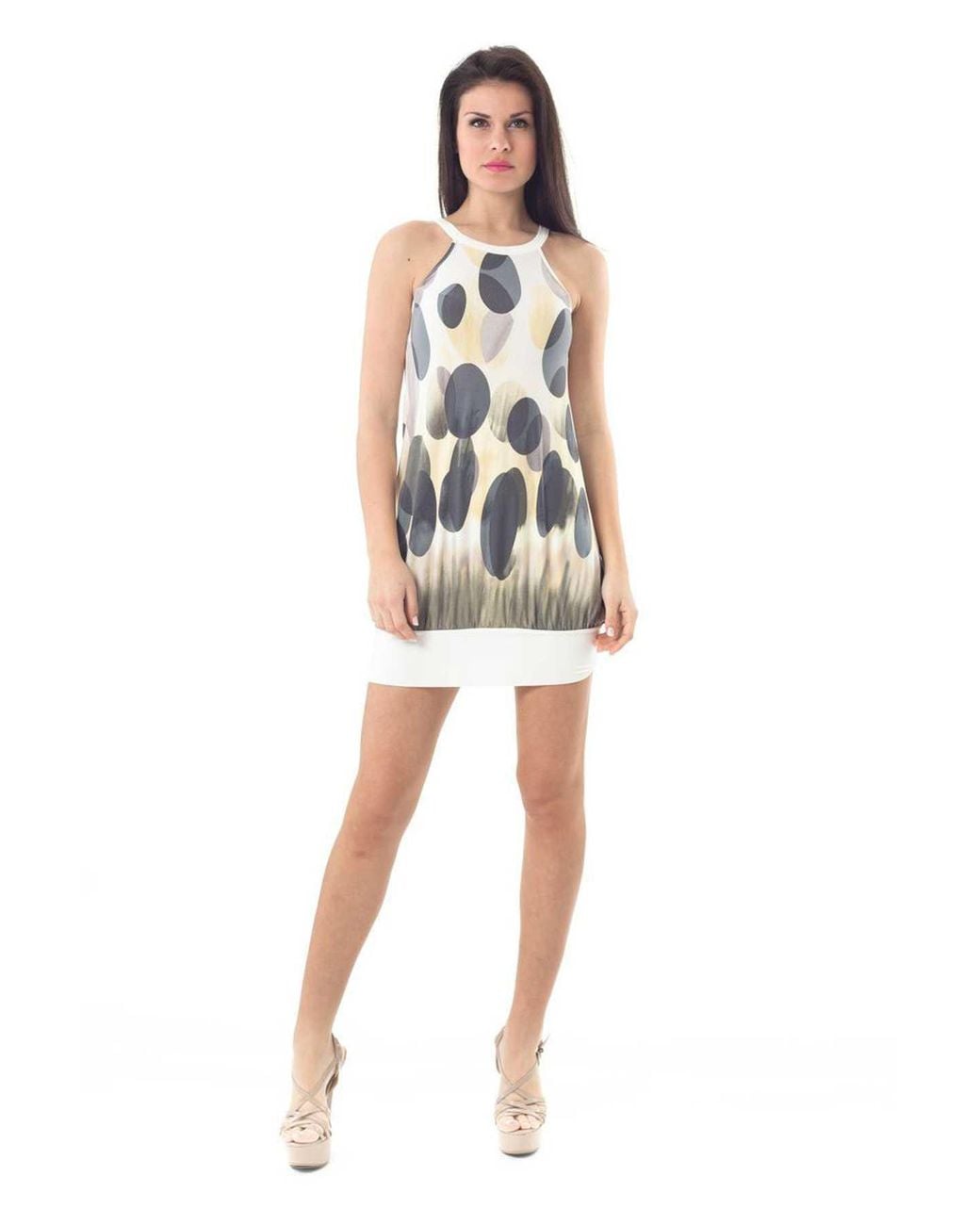 Conquista White Print Mini Dress With Banded Hem