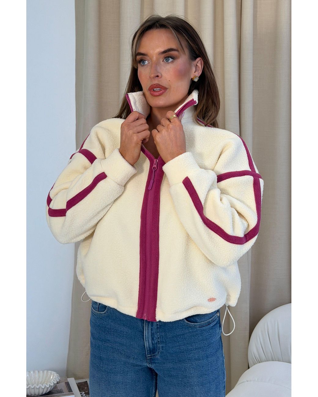 Girl In Mind Pink Lulu Contrast Binding Full Zip Fleece Butter