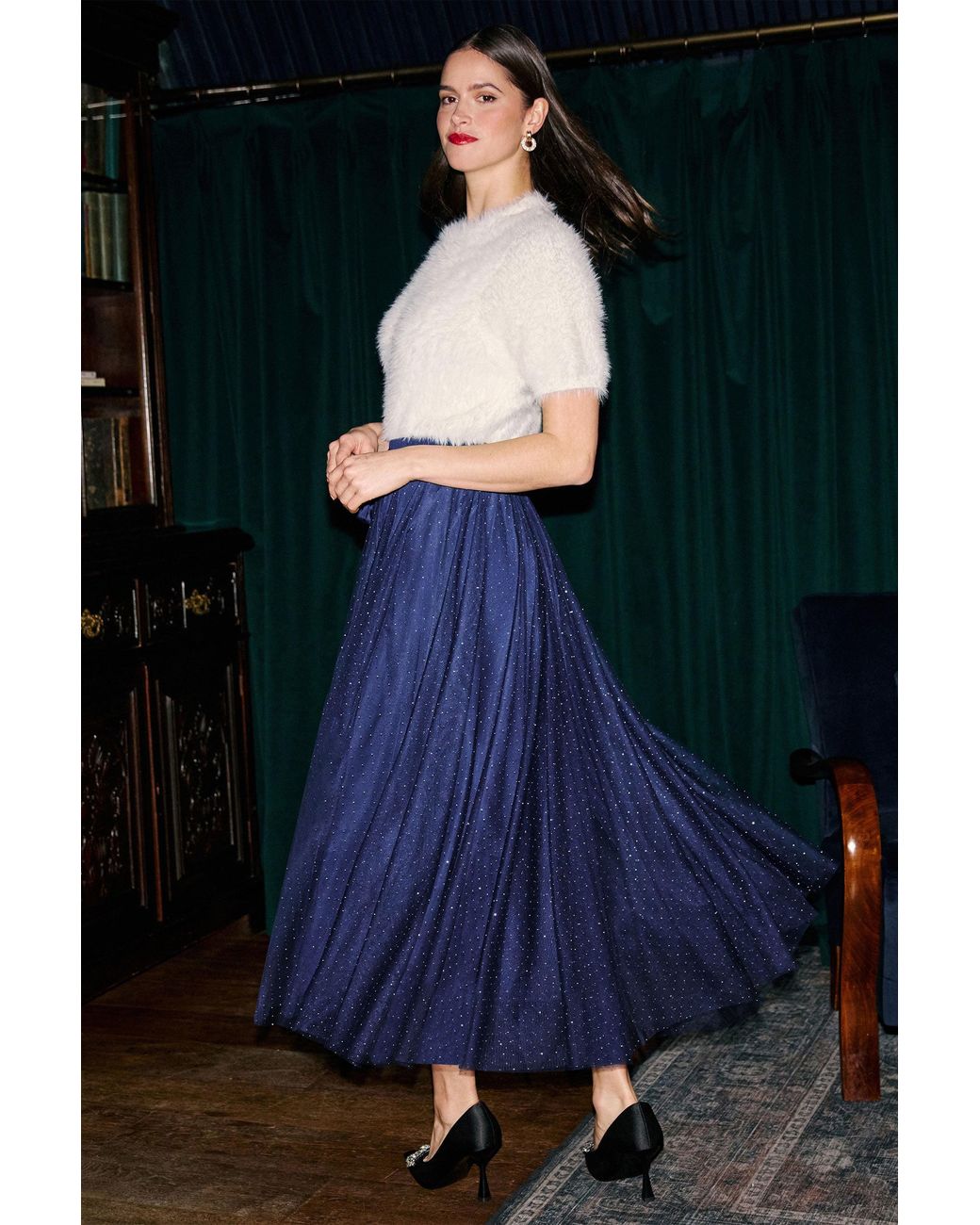 Yumi' Blue Diamonte Tulle Midi Skirt