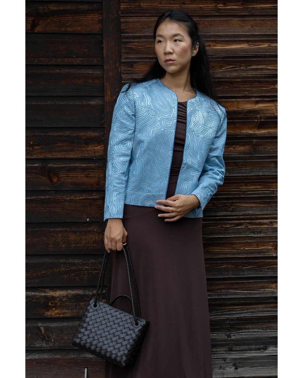 Stovaria Blue Tonal Embroidered Pure Silk Statement Jacket