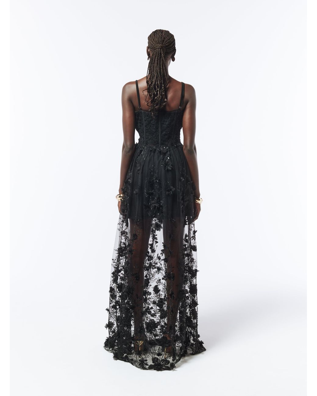 Sour Figs Black Floral Appliqué Embroidered Sequin Sheer Gown