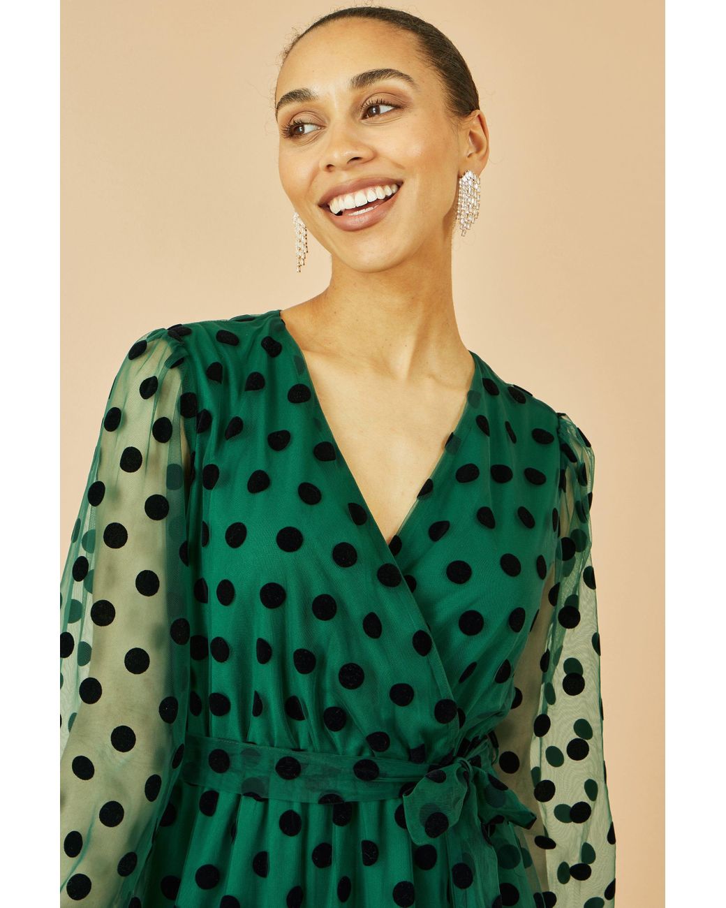 slim fit dress slacks Yumi Green Mesh Flower Wrap Midi Dress With Pockets
