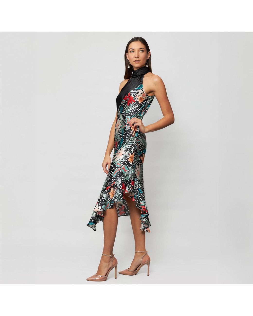 Solgo Atelier Blue Yera Sleevless Floral Printed Silk Midi Dress With Contrasting Gathered Mock Neck And Stylized Side Ruffle Slit