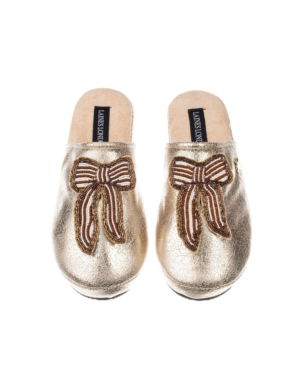 Laines London Natural Softie Slippers With & Pearl Beaded Stripe Bow Brooches