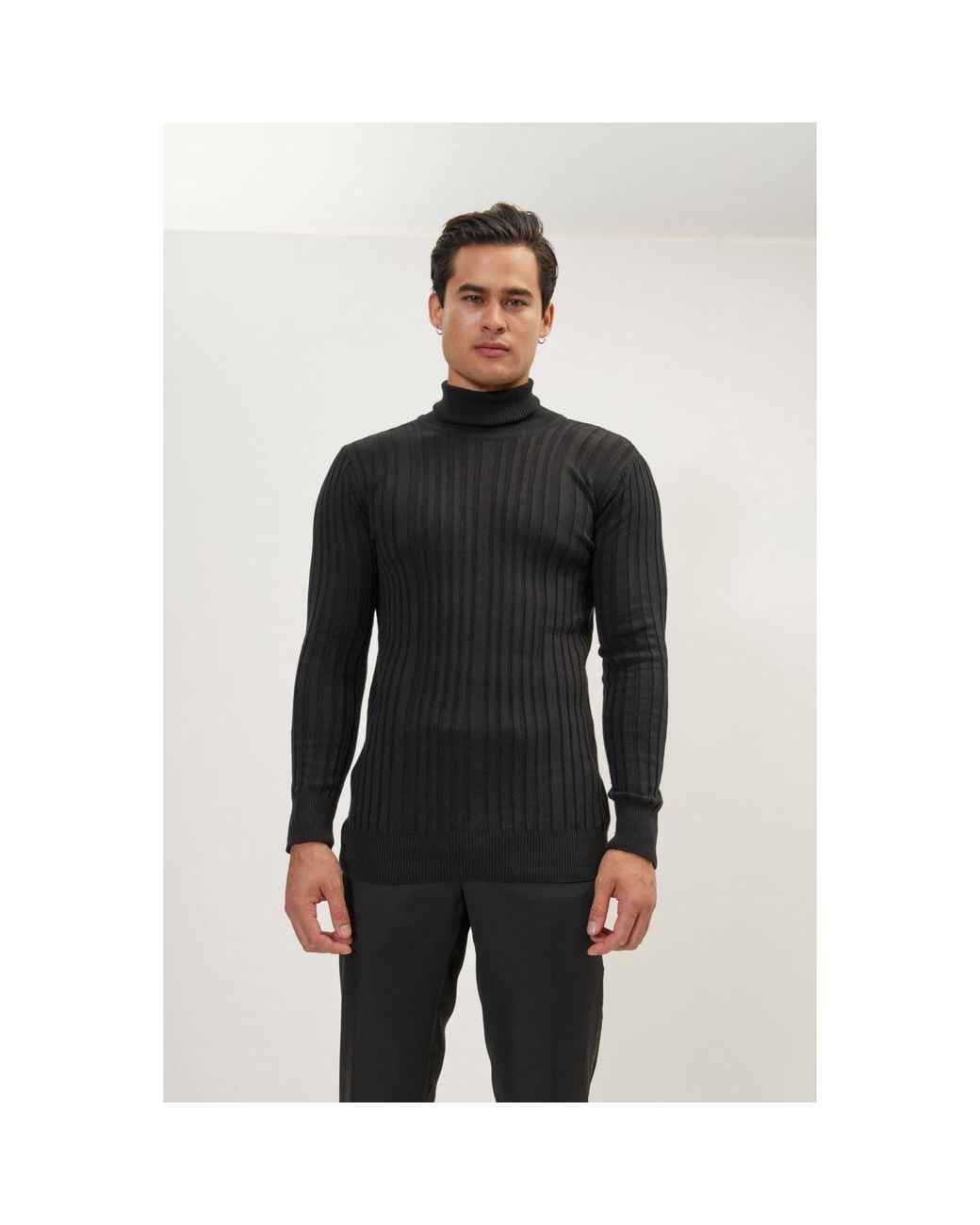 Ron Tomson Black Roll Neck Ribbed Sweater for men