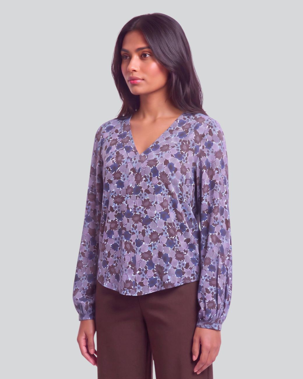 Lords of Harlech Blue Val Ternberg Floral Brownie Lyocell Stretch V-Neck Top