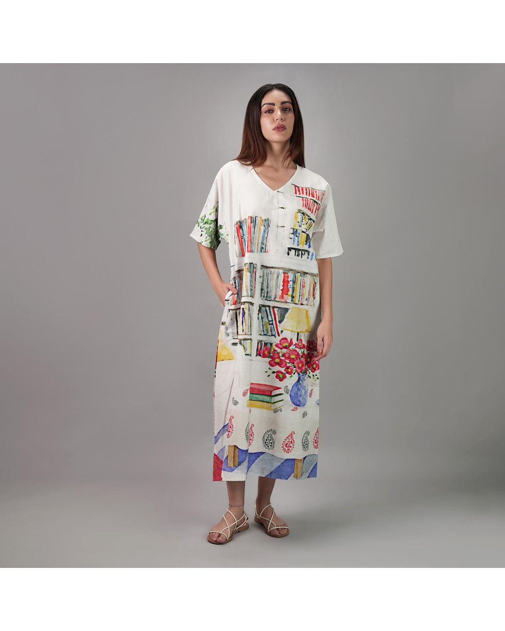 DHARA SHETH DUBAI White Abode Artistic Bookshelf Printed Kaftan Maxi Dress