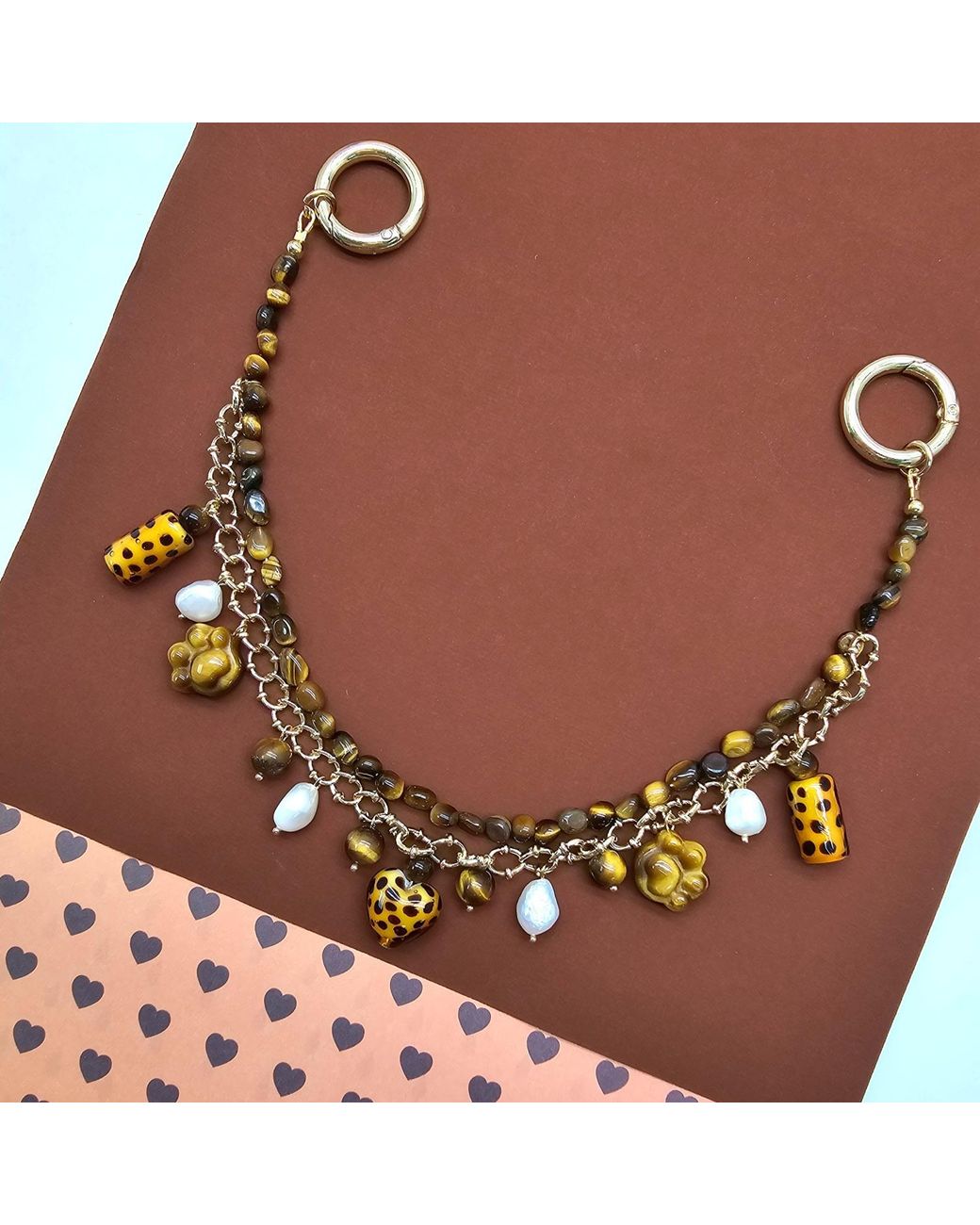 Farra Brown Leopard Print Tiger-Eye Stone And Pearls Layered Bag Charm