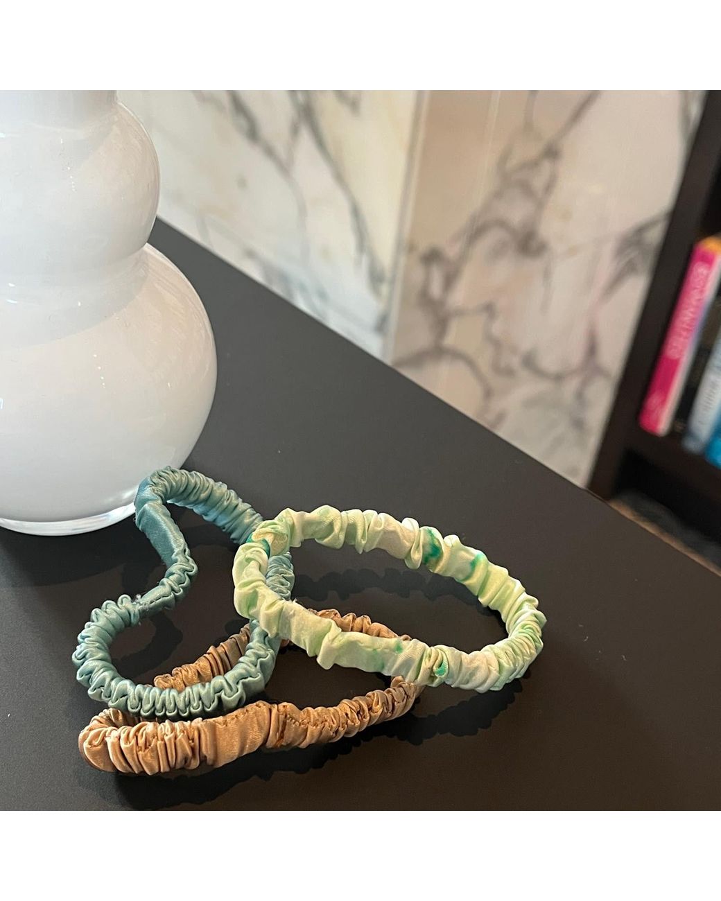 Soft Strokes Silk Green Set Of Three Pure Mulberry Silk Skinny Scrunchies Weekly Special Hair Ties Retro Summer